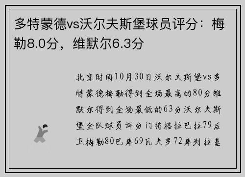 多特蒙德vs沃尔夫斯堡球员评分：梅勒8.0分，维默尔6.3分