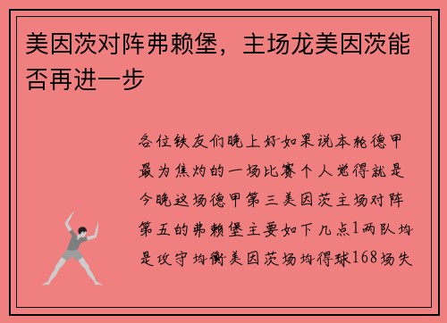 美因茨对阵弗赖堡，主场龙美因茨能否再进一步