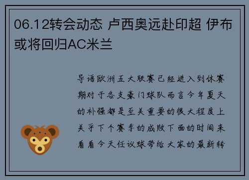 06.12转会动态 卢西奥远赴印超 伊布或将回归AC米兰