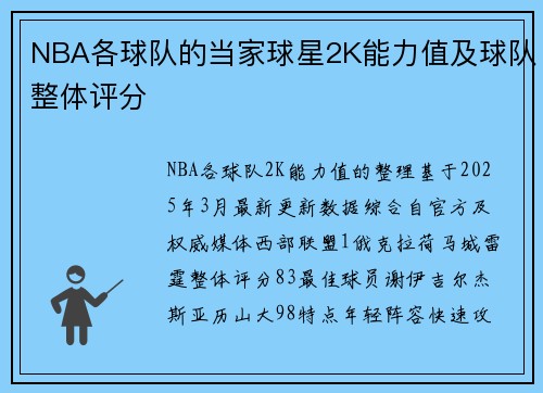 NBA各球队的当家球星2K能力值及球队整体评分