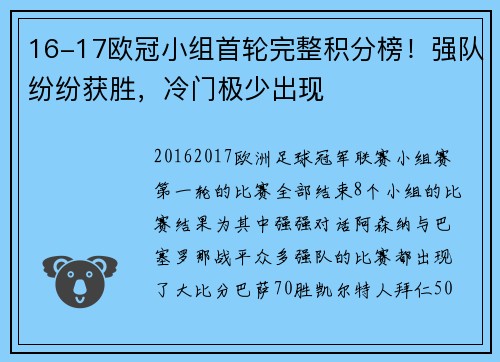 16-17欧冠小组首轮完整积分榜！强队纷纷获胜，冷门极少出现