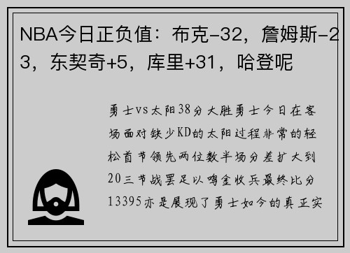 NBA今日正负值：布克-32，詹姆斯-23，东契奇+5，库里+31，哈登呢